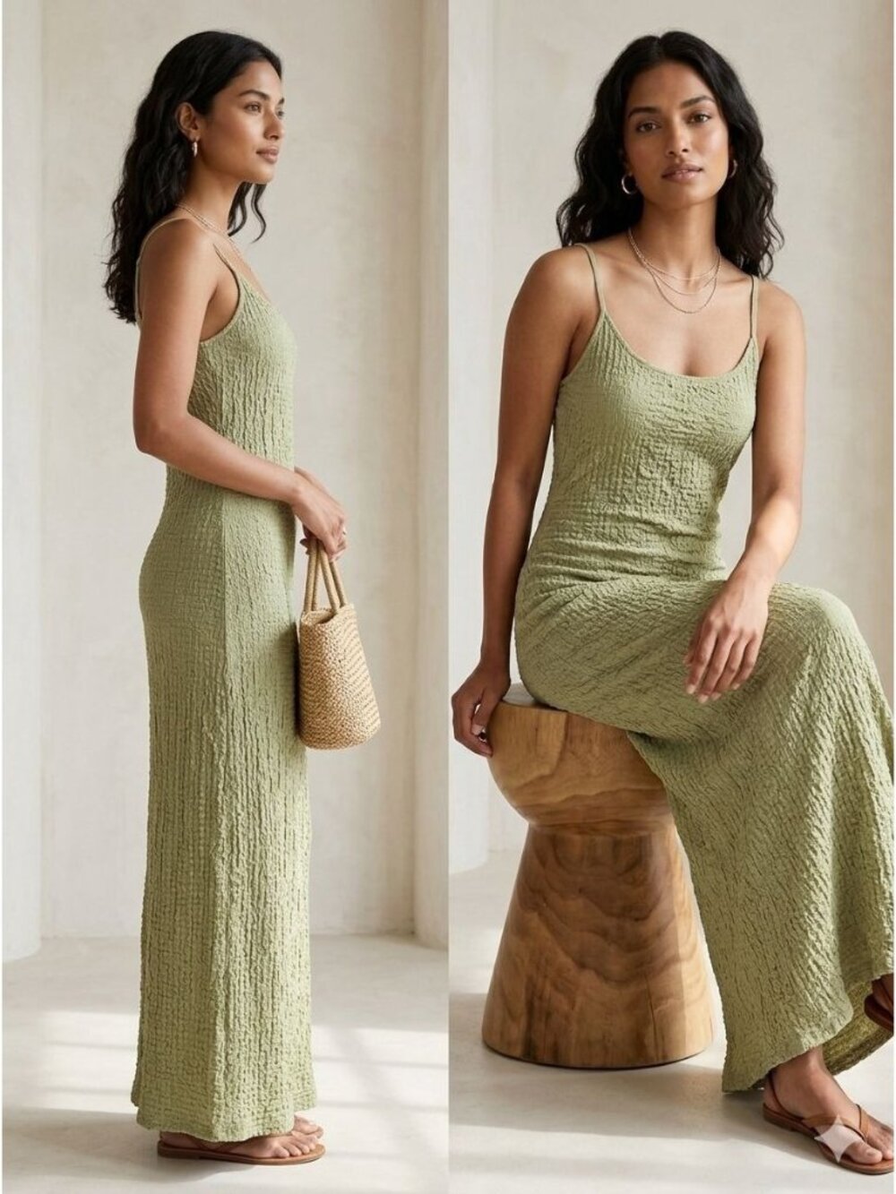 H&M Crinkled Jersey Dress Size Medium Olive Green Textured Slip Spaghetti Straps
